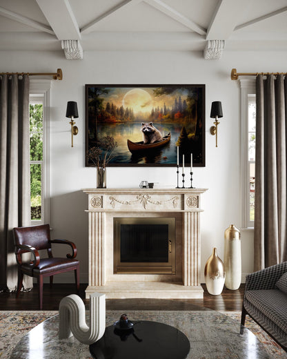 Raccoon In Canoe Moody Framed Canvas Wall Art For Cabin Decor