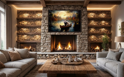 Raccoon In Canoe Moody Framed Canvas Wall Art For Cabin Decor