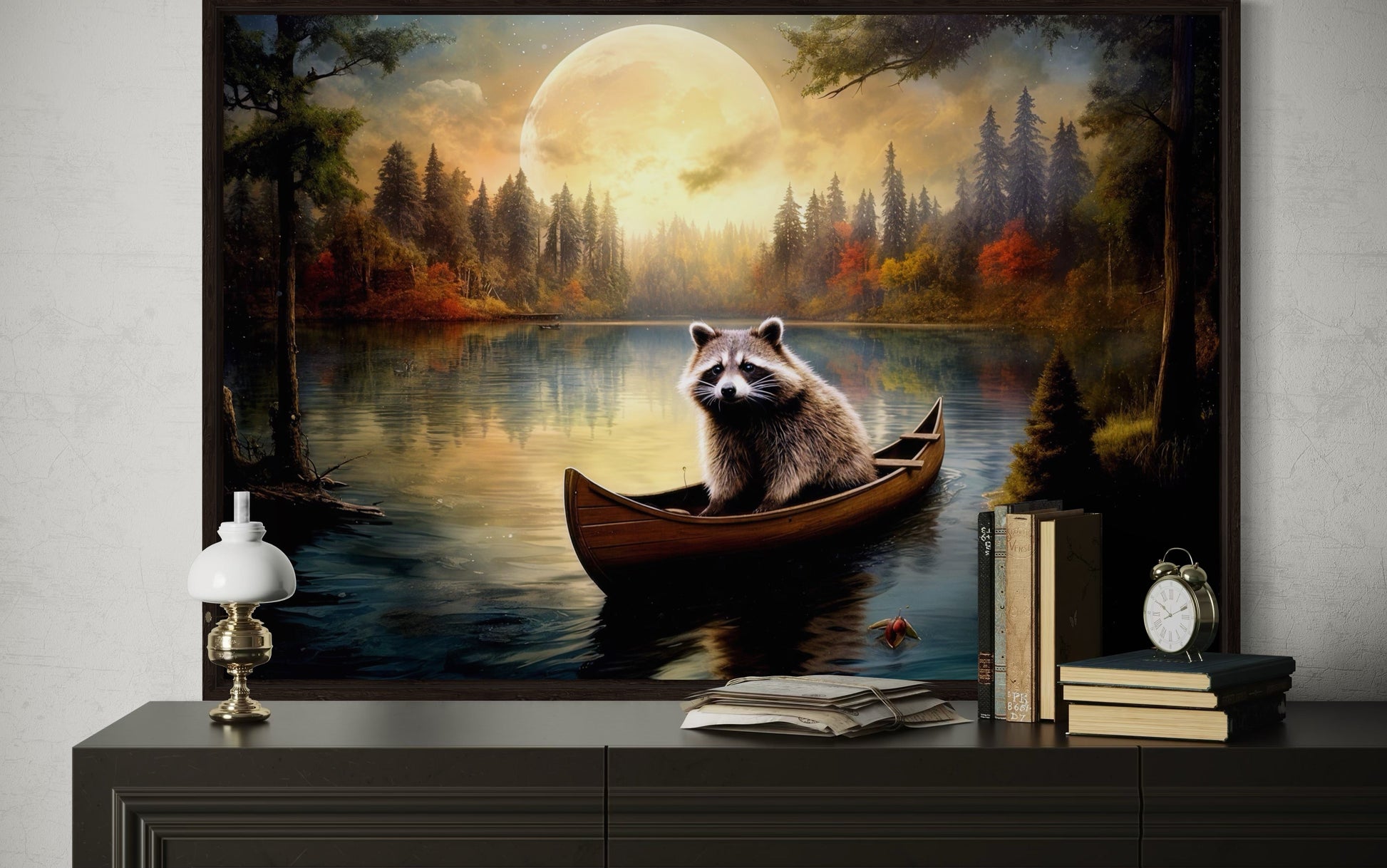 Raccoon In Canoe Moody Framed Canvas Wall Art For Cabin Decor
