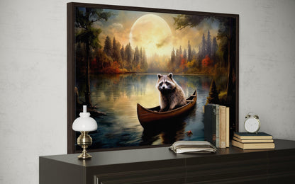 Raccoon In Canoe Moody Framed Canvas Wall Art For Cabin Decor