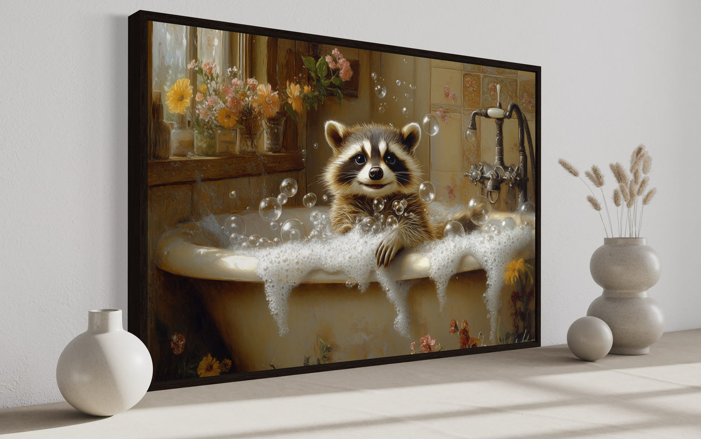 Raccoon In The Bathtub Rustic Framed Canvas Wall Art