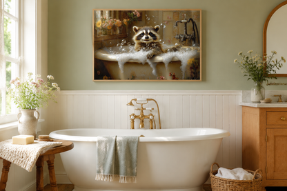 Raccoon In The Bathtub Rustic Framed Canvas Wall Art