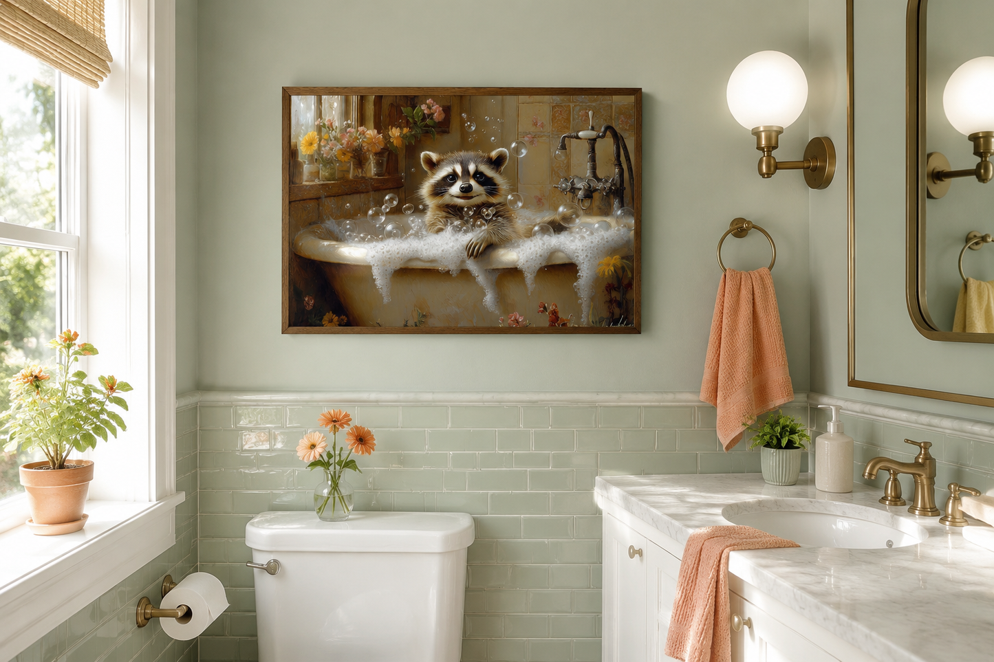 Raccoon In The Bathtub Rustic Framed Canvas Wall Art