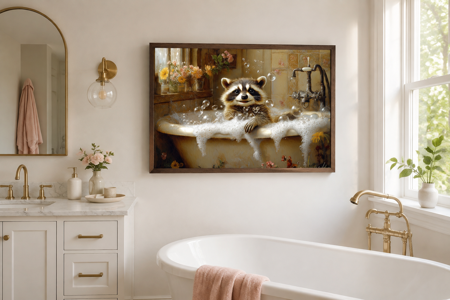 Raccoon In The Bathtub Rustic Framed Canvas Wall Art