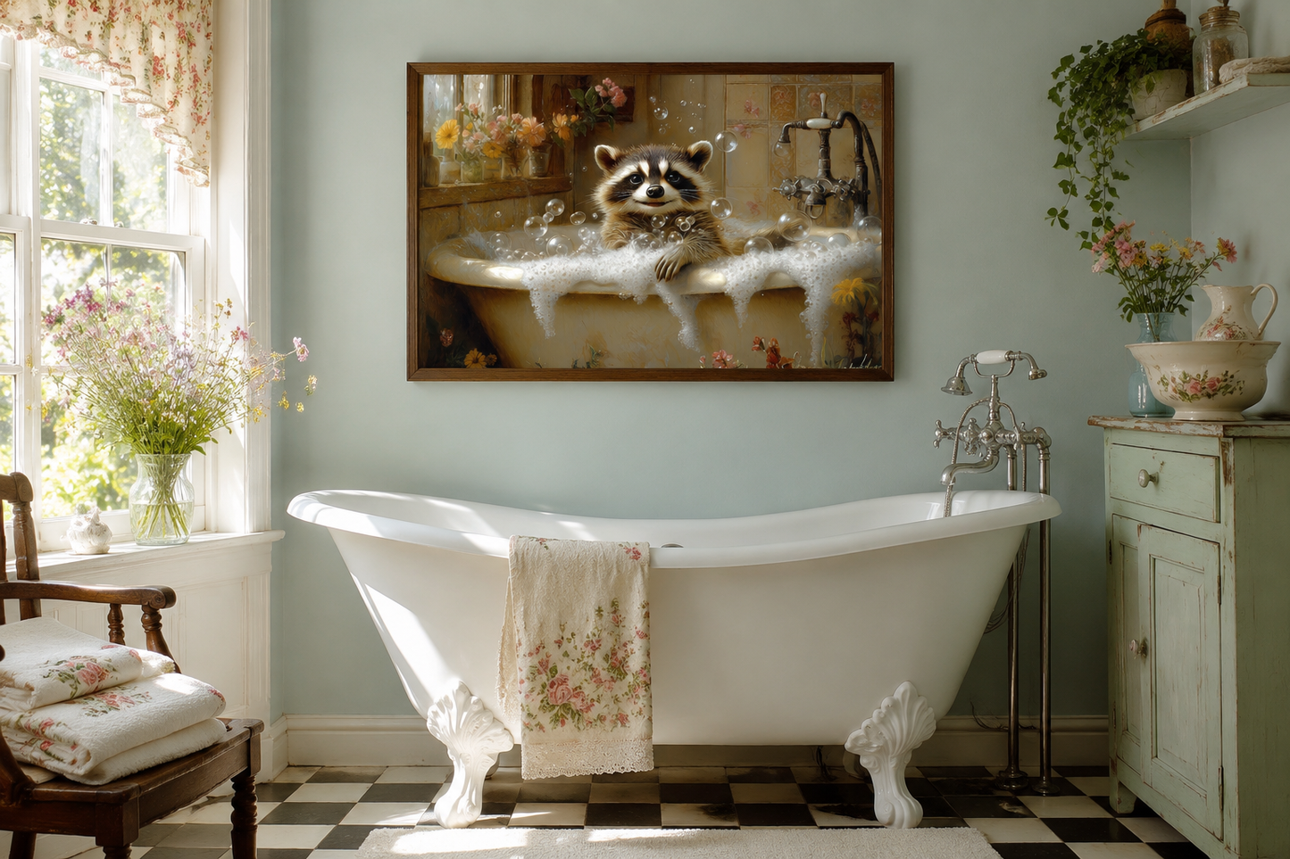 Raccoon In The Bathtub Rustic Framed Canvas Wall Art
