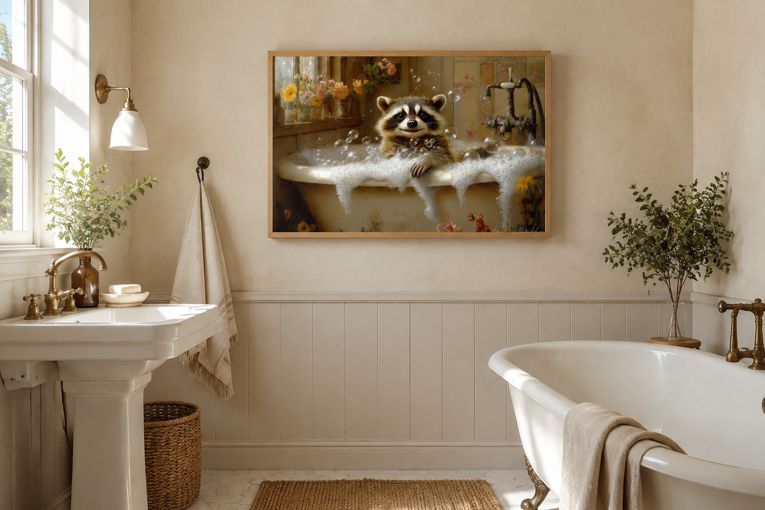 Raccoon In The Bathtub Rustic Framed Canvas Wall Art