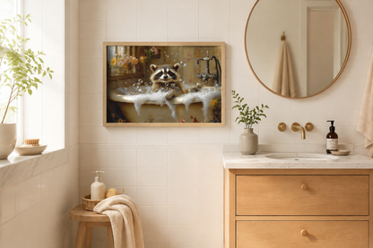 Raccoon In The Bathtub Rustic Framed Canvas Wall Art