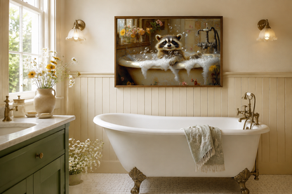Raccoon In The Bathtub Rustic Framed Canvas Wall Art