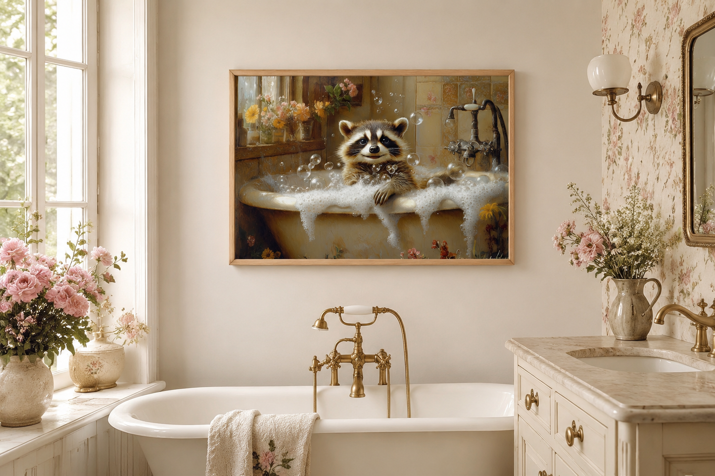 Raccoon In The Bathtub Rustic Framed Canvas Wall Art
