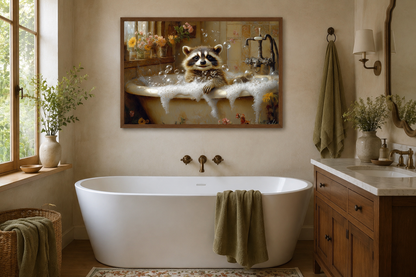 Raccoon In The Bathtub Rustic Framed Canvas Wall Art