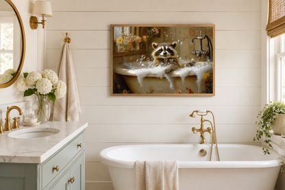 Raccoon In The Bathtub Rustic Framed Canvas Wall Art