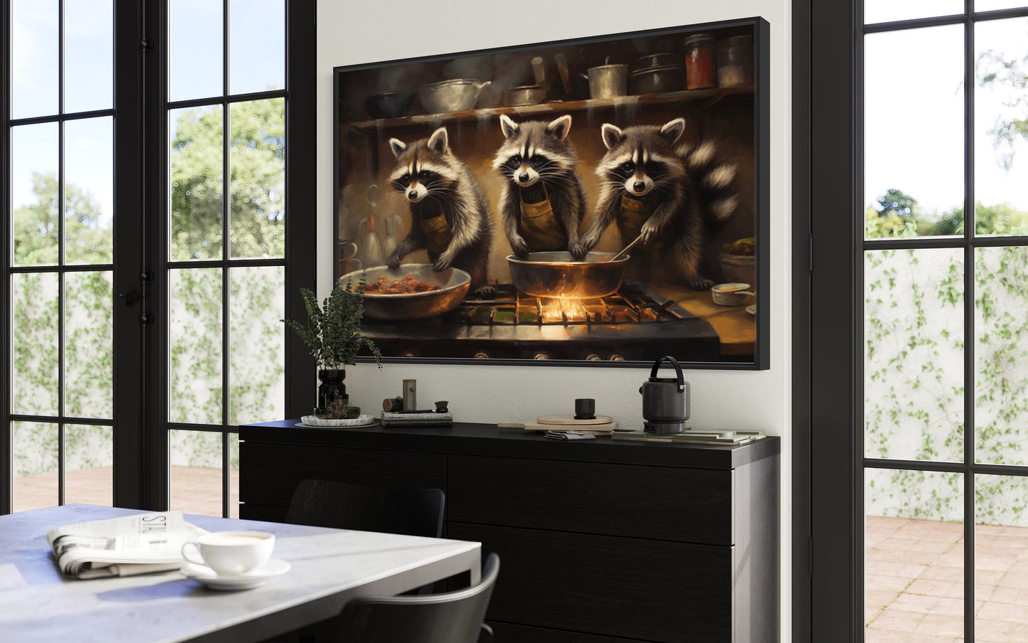 Raccoons Cooking Funny Kitchen Framed Canvas Wall Art For Cabin Decor