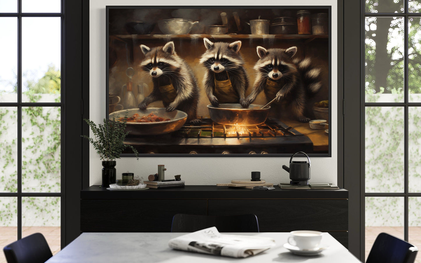 Raccoons Cooking Funny Kitchen Framed Canvas Wall Art For Cabin Decor