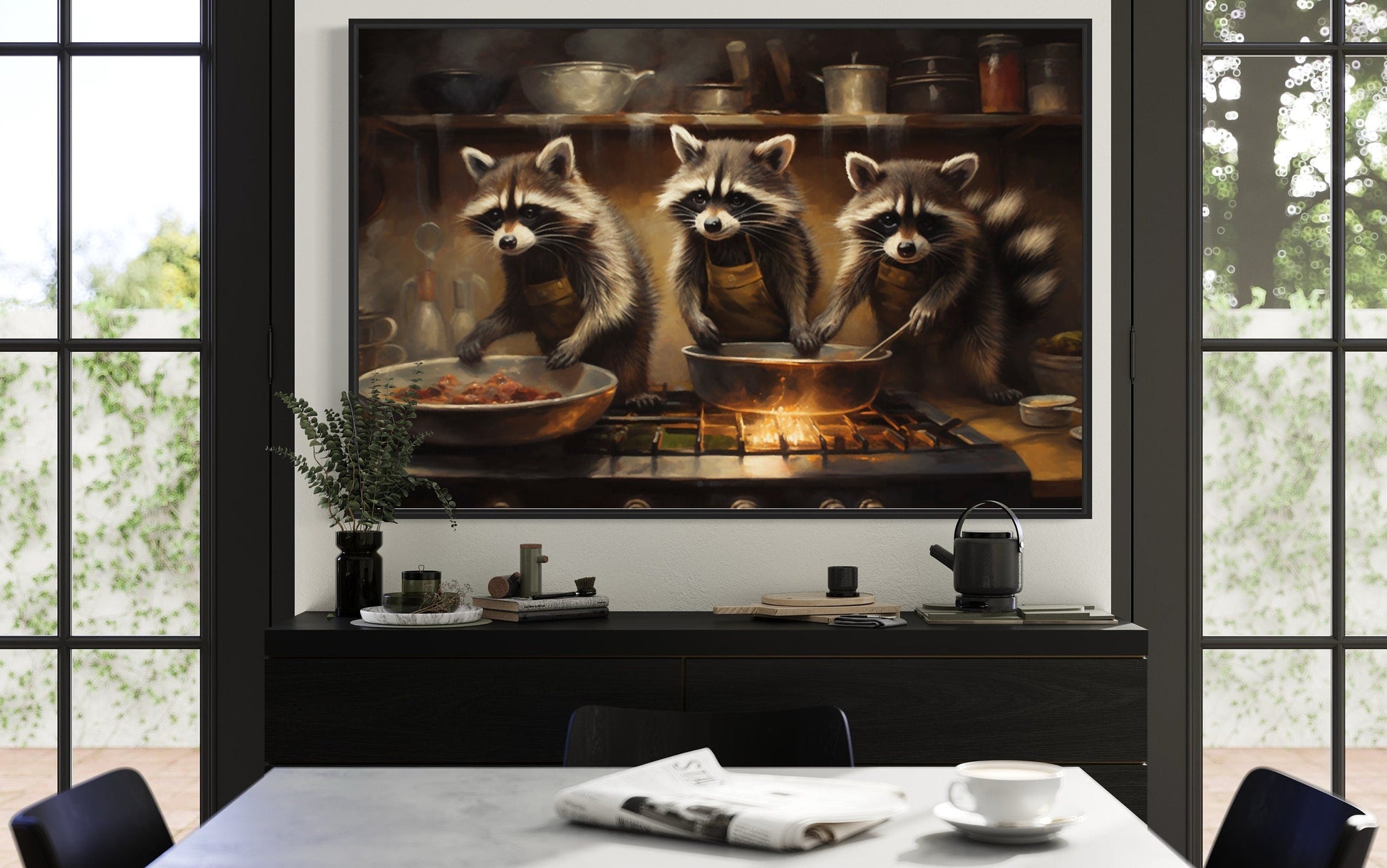 Raccoons Cooking Funny Kitchen Framed Canvas Wall Art For Cabin Decor