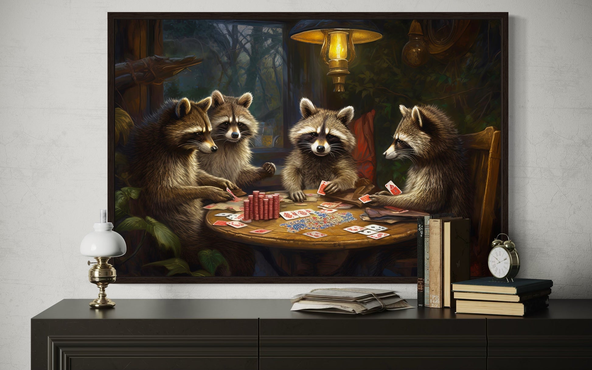 Raccoons Playing Poker Framed Canvas Wall Art For Man Cave Decor