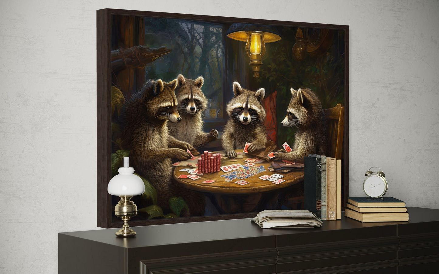 Raccoons Playing Poker Framed Canvas Wall Art For Man Cave Decor
