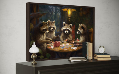 Raccoons Playing Poker Framed Canvas Wall Art For Man Cave Decor