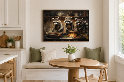 Raccoons Cooking Funny Kitchen Framed Canvas Wall Art For Cabin Decor