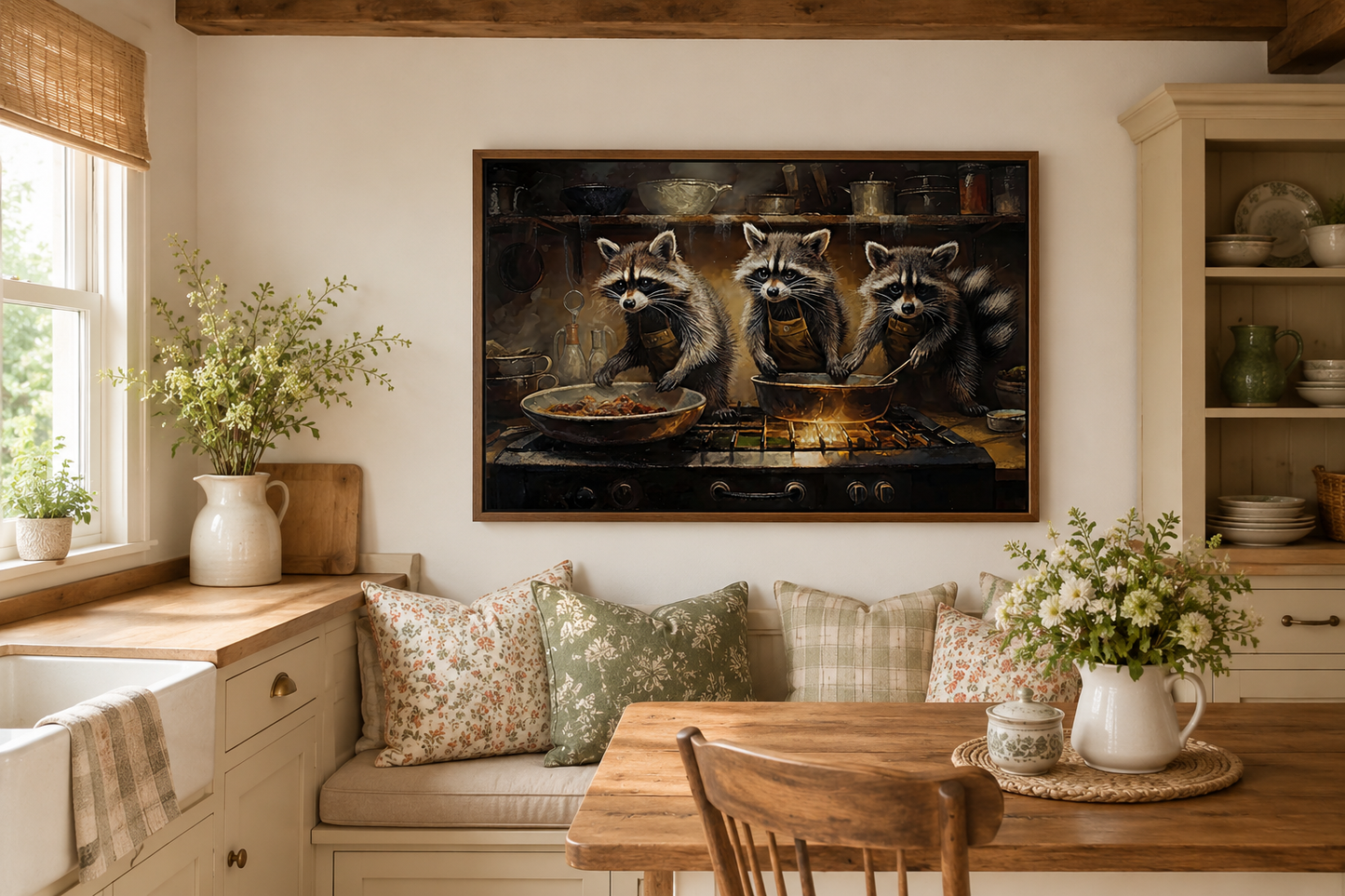 Raccoons Cooking Funny Kitchen Framed Canvas Wall Art For Cabin Decor
