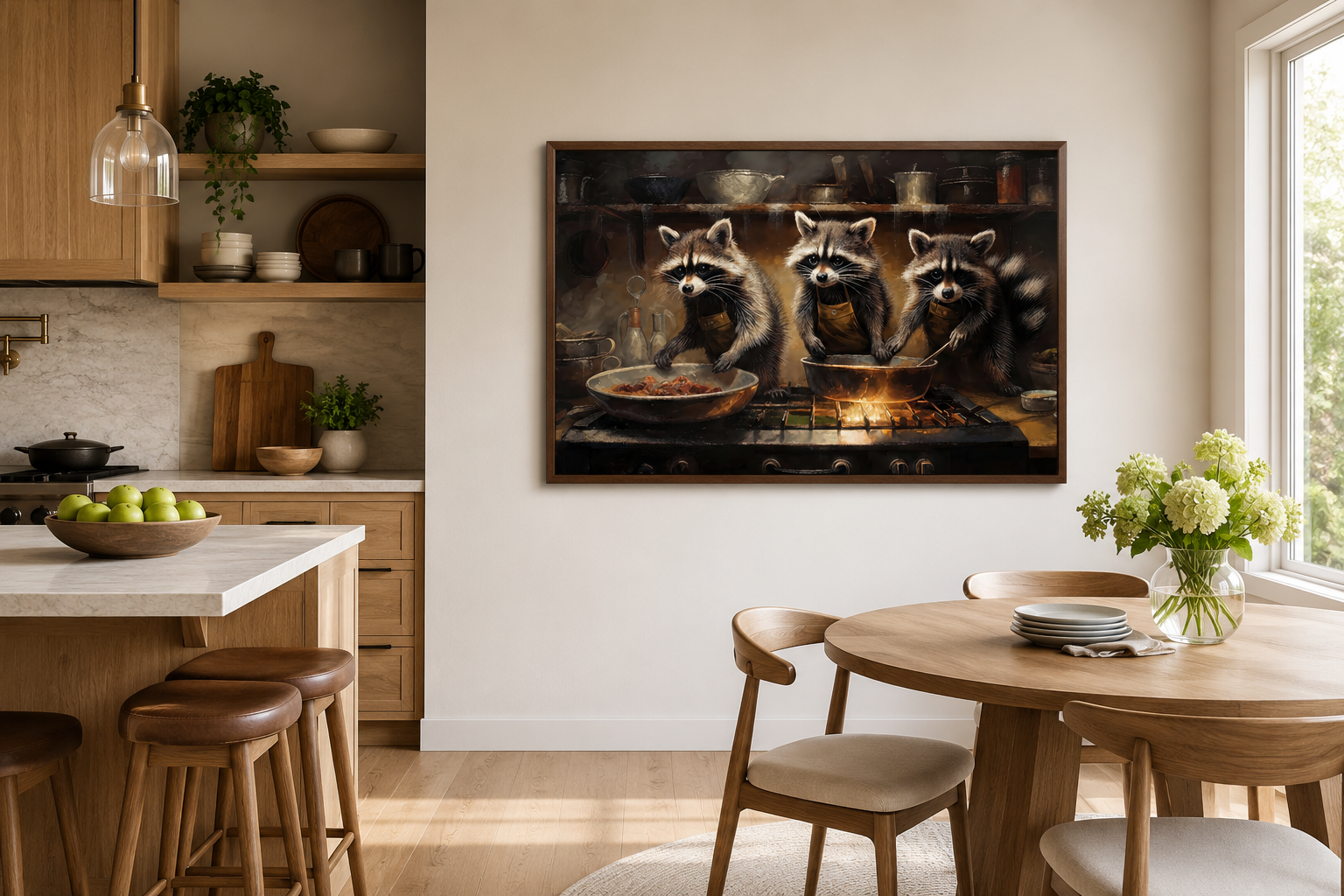 Raccoons Cooking Funny Kitchen Framed Canvas Wall Art For Cabin Decor