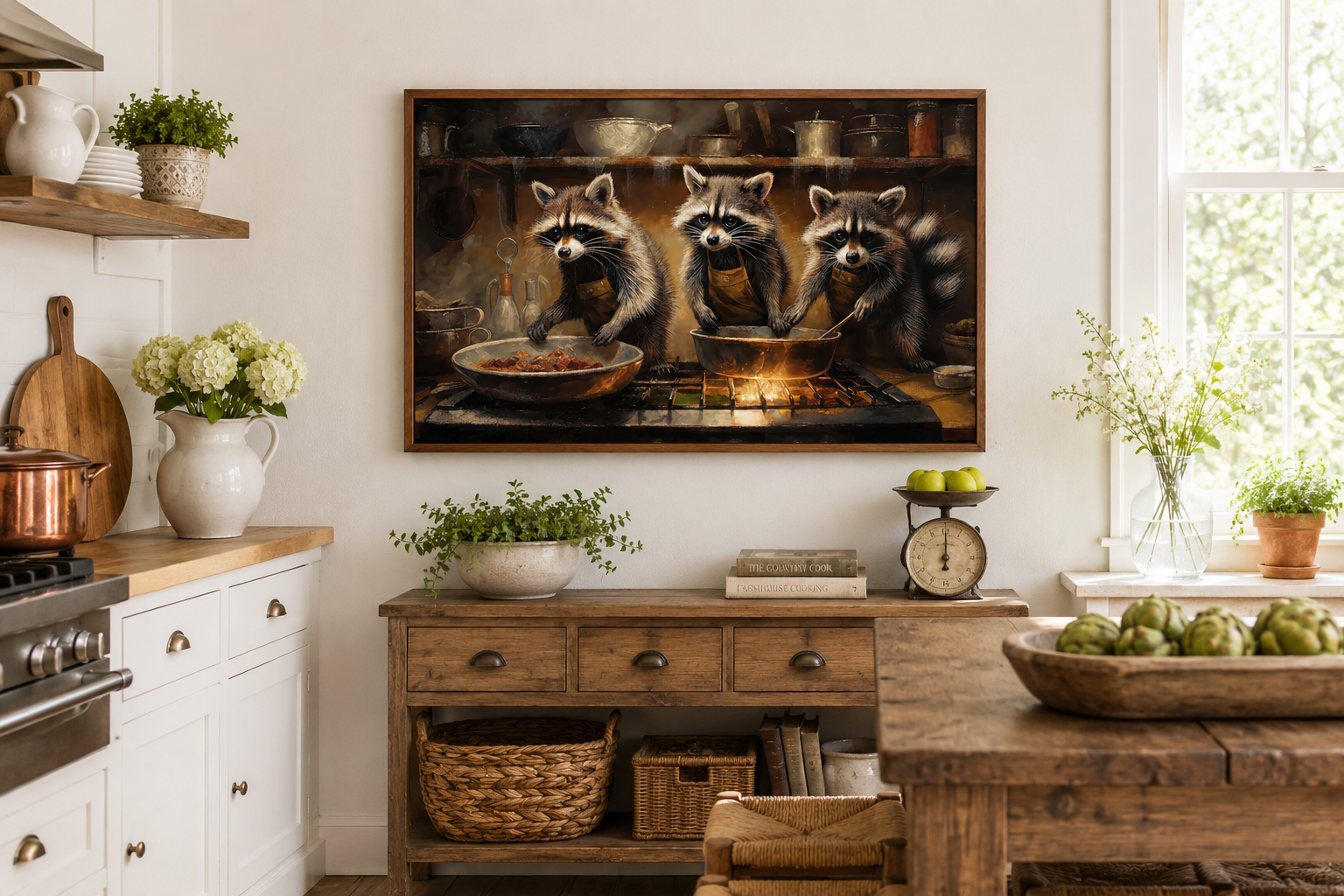 Raccoons Cooking Funny Kitchen Framed Canvas Wall Art For Cabin Decor