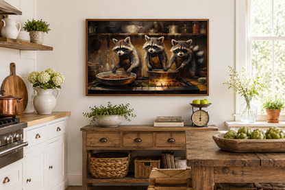 Raccoons Cooking Funny Kitchen Framed Canvas Wall Art For Cabin Decor