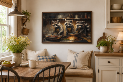 Raccoons Cooking Funny Kitchen Framed Canvas Wall Art For Cabin Decor