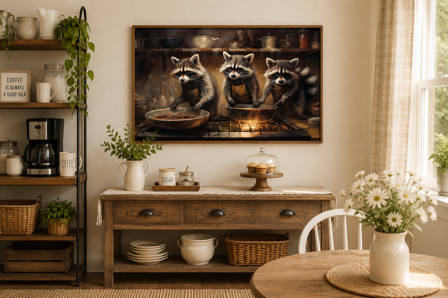 Raccoons Cooking Funny Kitchen Framed Canvas Wall Art For Cabin Decor