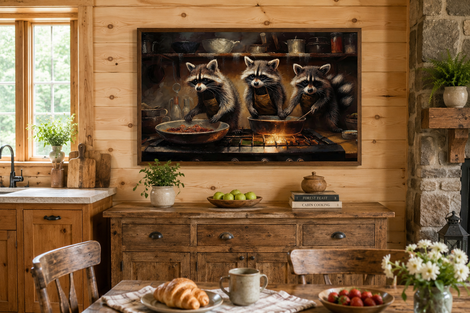 Raccoons Cooking Funny Kitchen Framed Canvas Wall Art For Cabin Decor