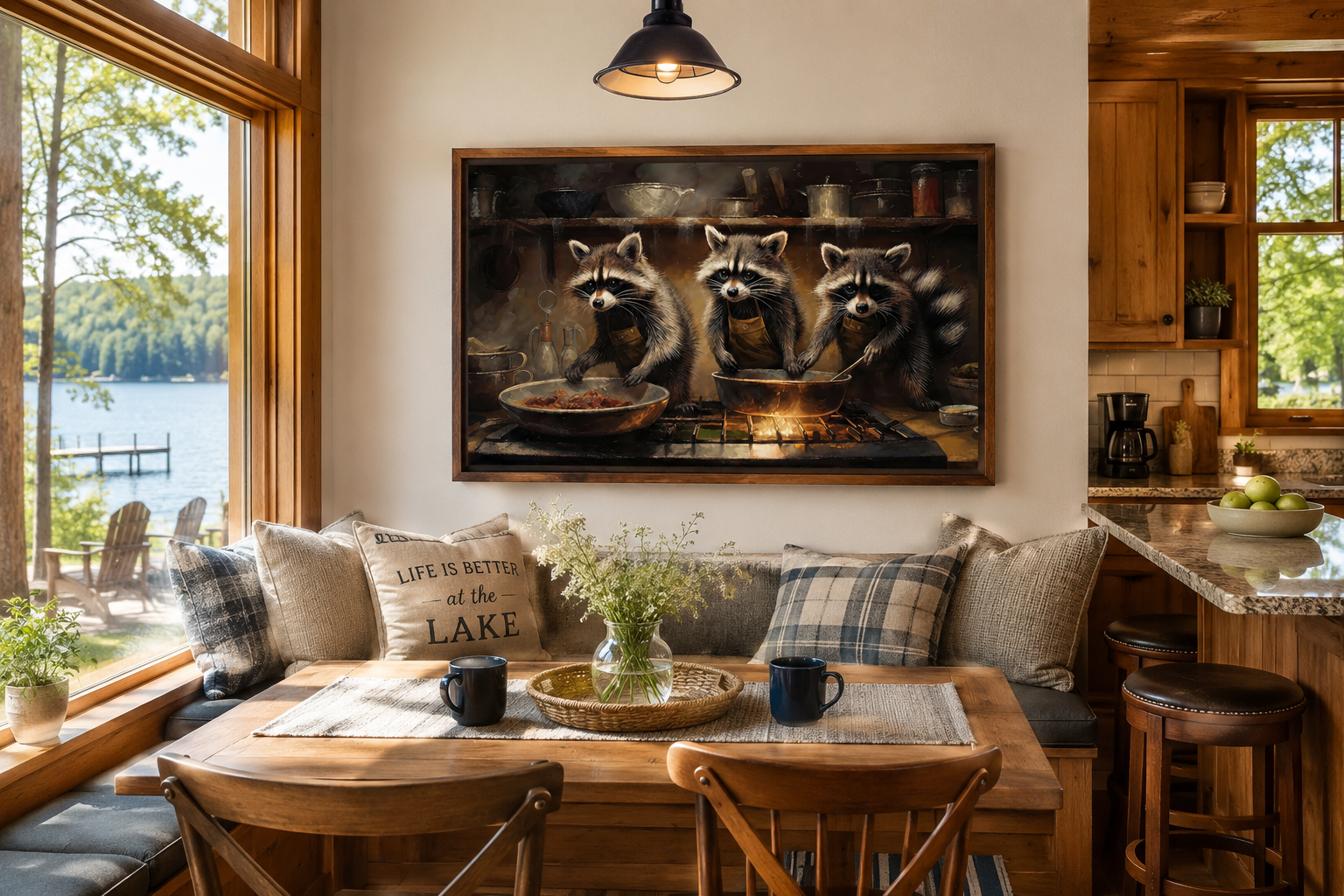 Raccoons Cooking Funny Kitchen Framed Canvas Wall Art For Cabin Decor