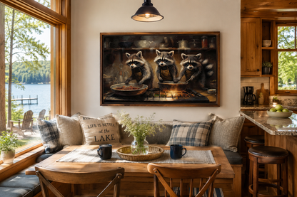 Raccoons Cooking Funny Kitchen Framed Canvas Wall Art For Cabin Decor