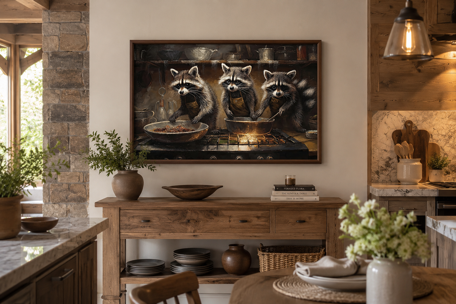 Raccoons Cooking Funny Kitchen Framed Canvas Wall Art For Cabin Decor