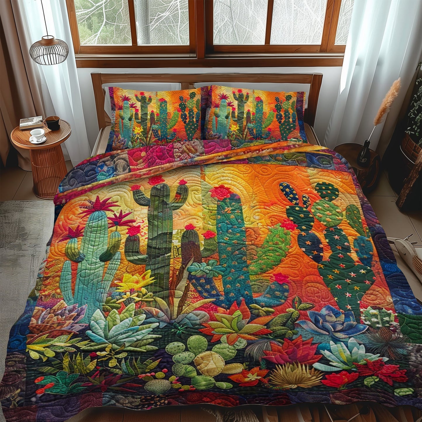 Single (59'' x 70'') /Radiant Desert Cactus 3-Piece Quilted Bedding Set