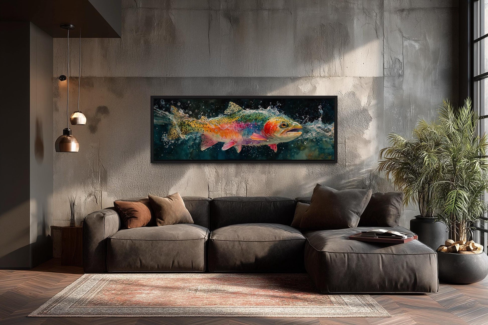 Rainbow Trout Jumping in Water Long Narrow Canvas Wall Art