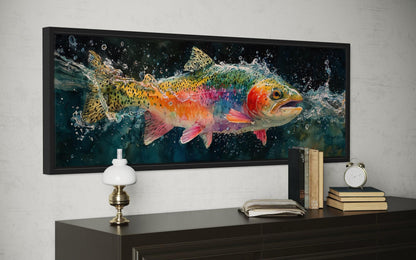 Rainbow Trout Jumping in Water Long Narrow Canvas Wall Art