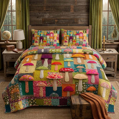 Rainbow Mushroom 3-Piece Quilted Bedding Set - Single (59" x 70")