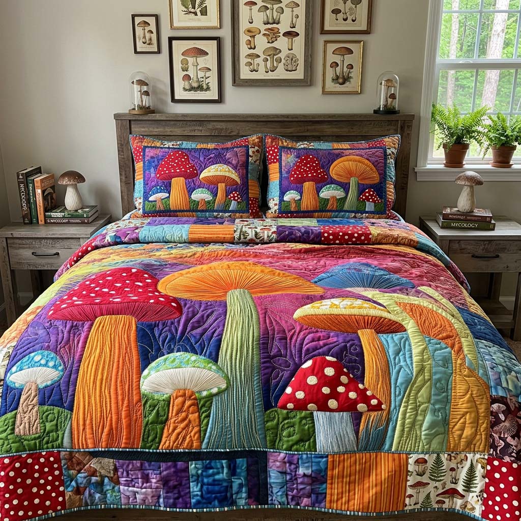 Rainbow Toadstool Garden 3-Piece Quilted Bedding Set - Single (59" x 70")