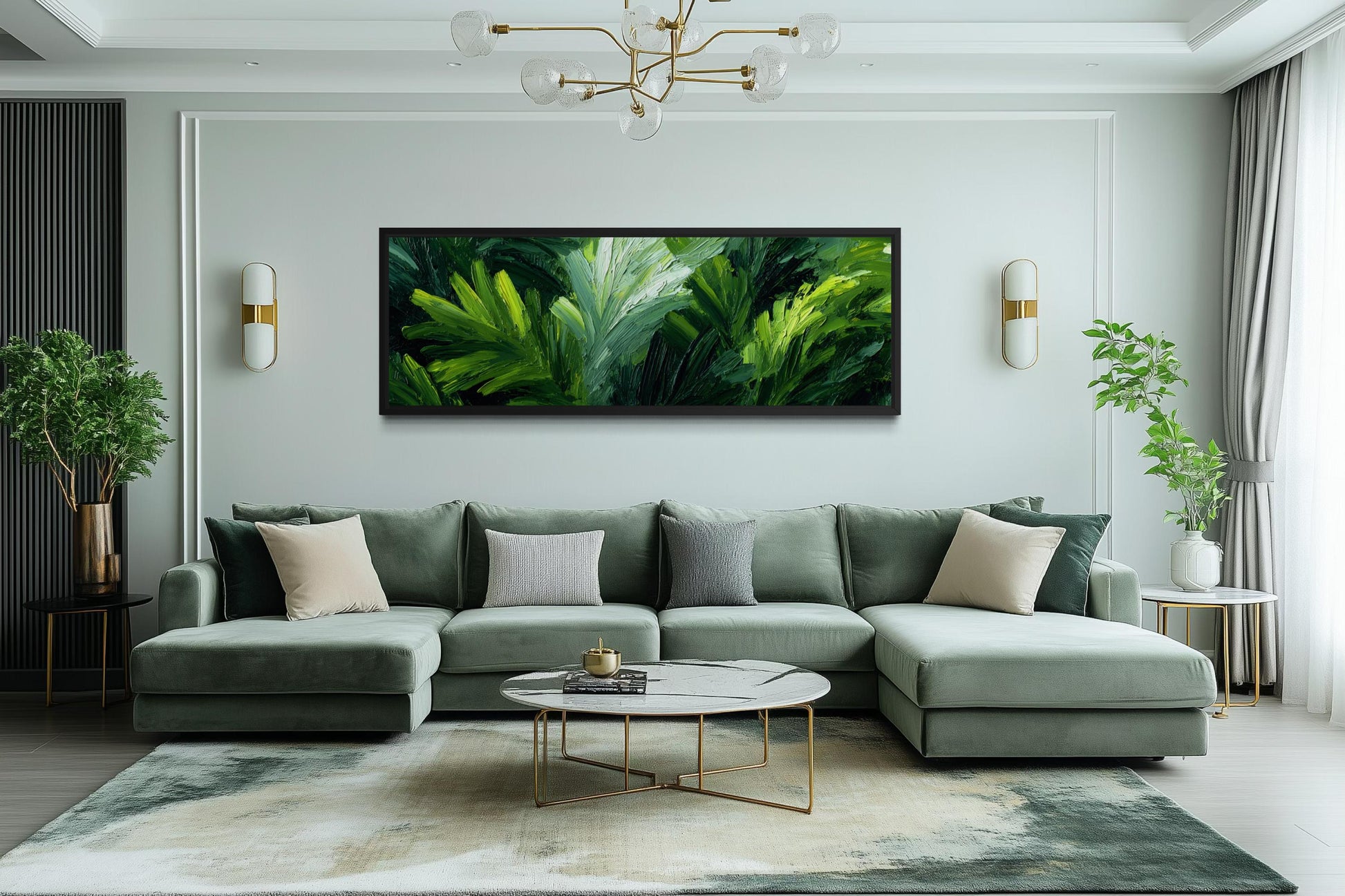 Rainforest Jungle Leaves Wall Art - Long Horizontal Tropical Botanical Painting Canvas Print