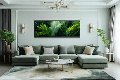 Rainforest Jungle Leaves Wall Art - Long Horizontal Tropical Botanical Painting Canvas Print