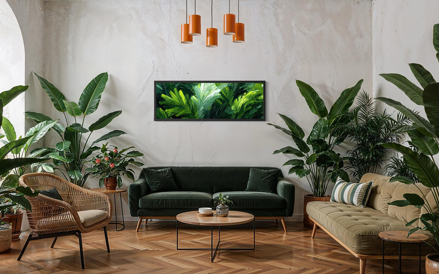Rainforest Jungle Leaves Wall Art - Long Horizontal Tropical Botanical Painting Canvas Print