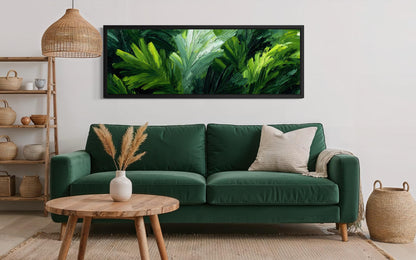 Rainforest Jungle Leaves Wall Art - Long Horizontal Tropical Botanical Painting Canvas Print