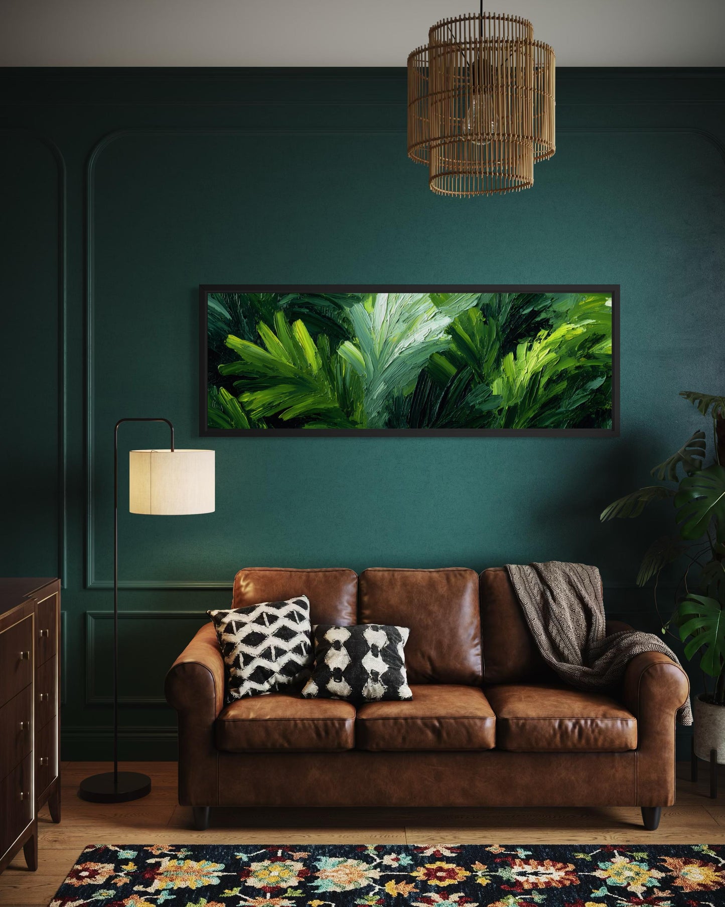 Rainforest Jungle Leaves Wall Art - Long Horizontal Tropical Botanical Painting Canvas Print