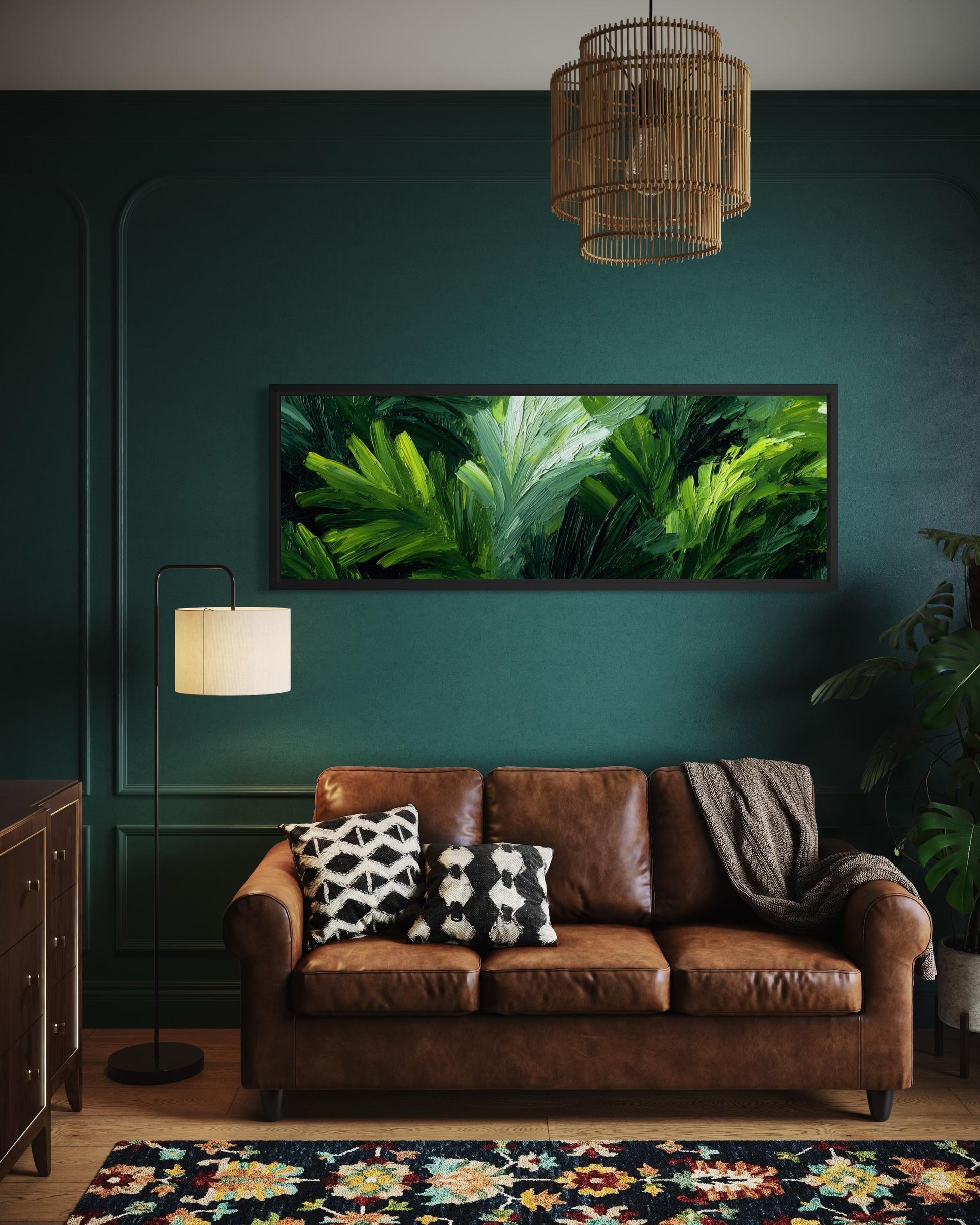 Rainforest Jungle Leaves Wall Art - Long Horizontal Tropical Botanical Painting Canvas Print
