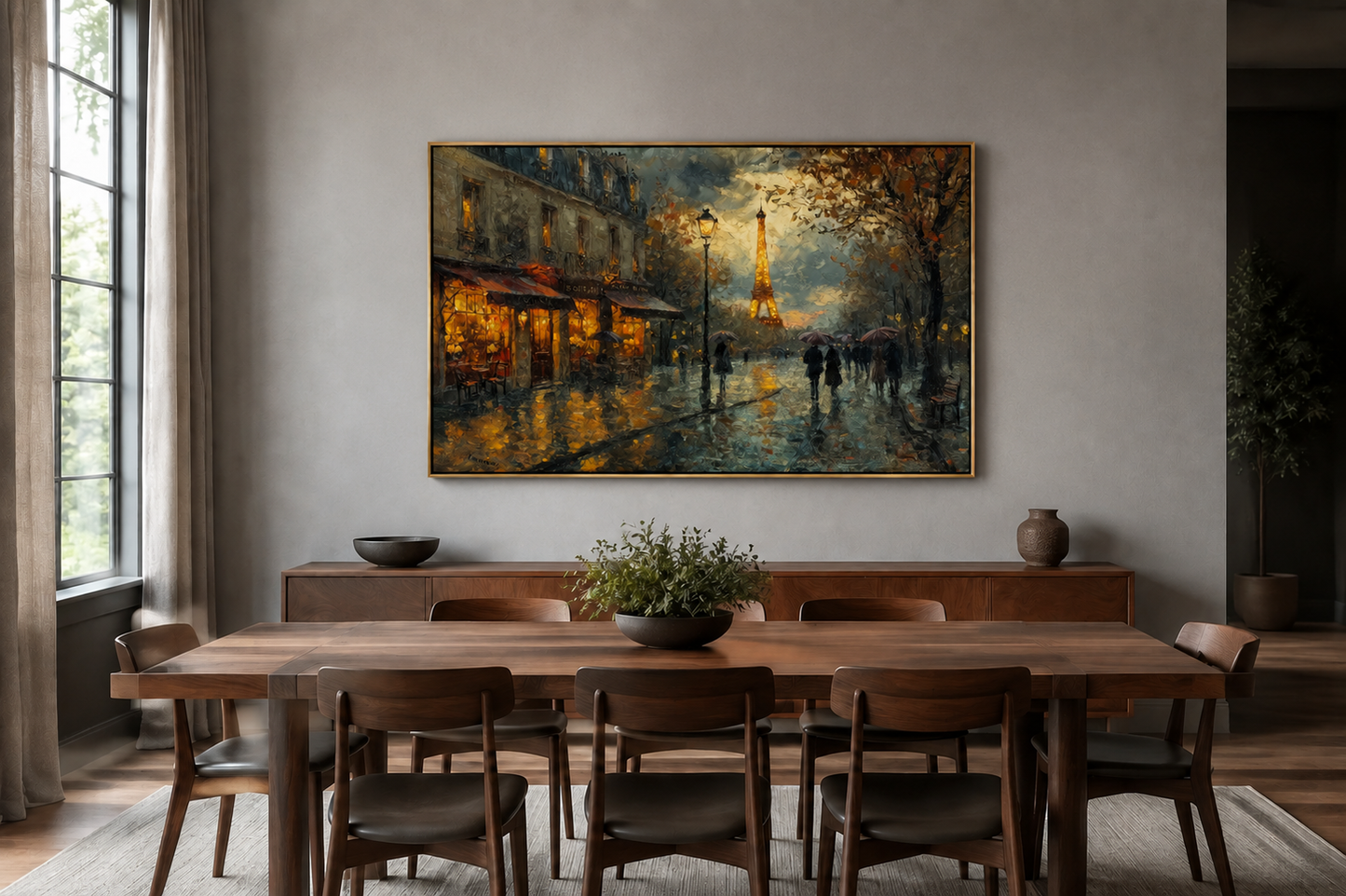Rainy Paris Street With Eiffel Tower Romantic Framed Canvas Wall Art