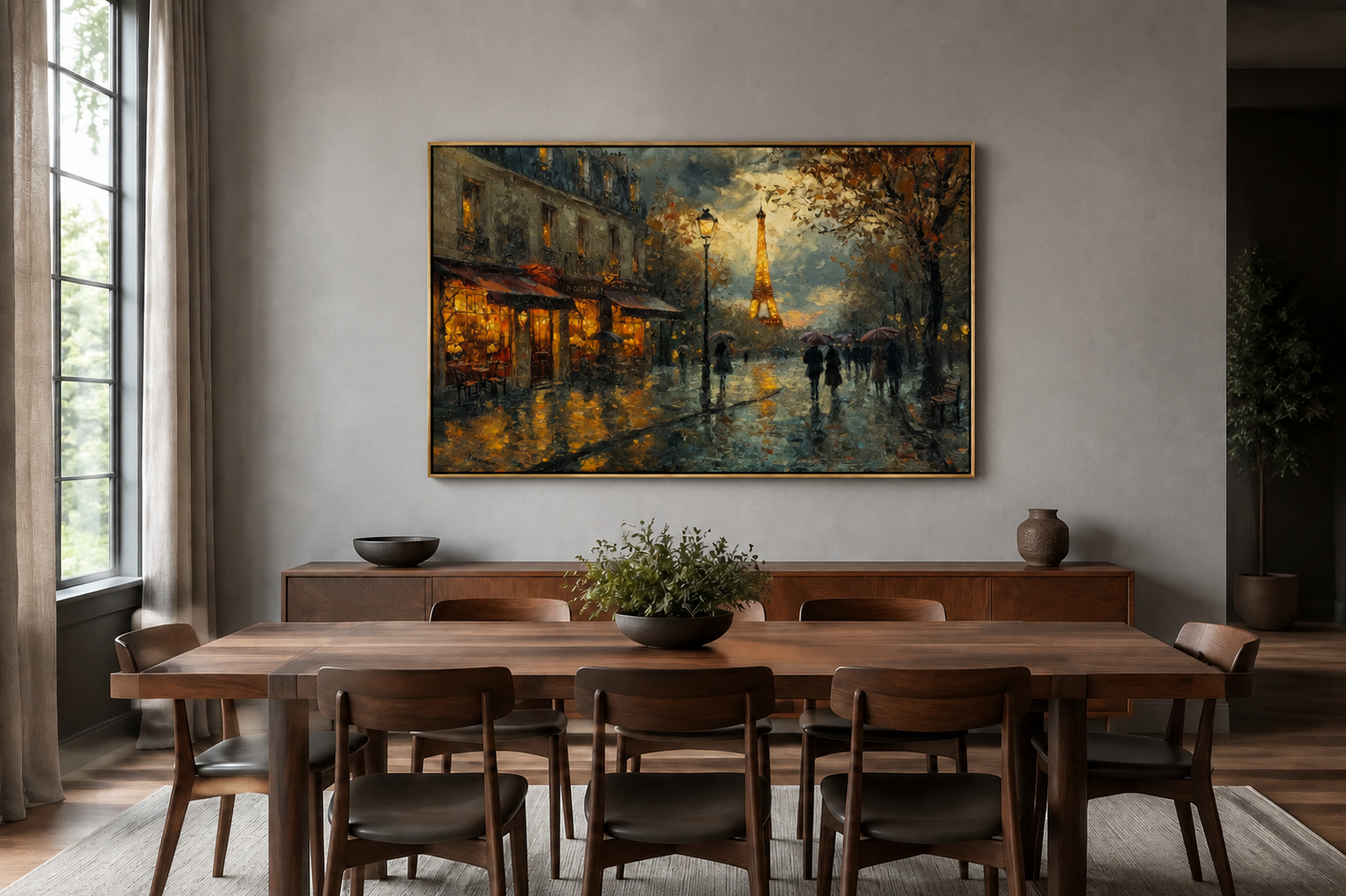 Rainy Paris Street With Eiffel Tower Romantic Framed Canvas Wall Art
