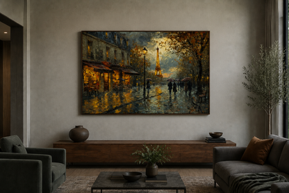 Rainy Paris Street With Eiffel Tower Romantic Framed Canvas Wall Art