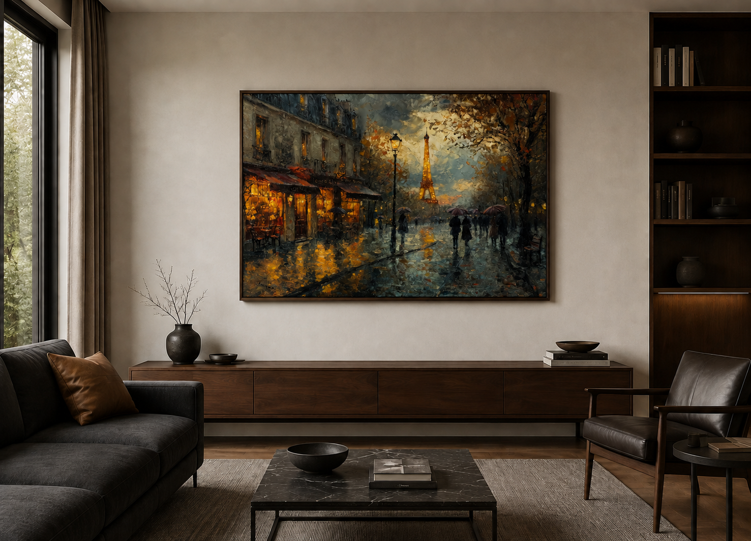 Rainy Paris Street With Eiffel Tower Romantic Framed Canvas Wall Art