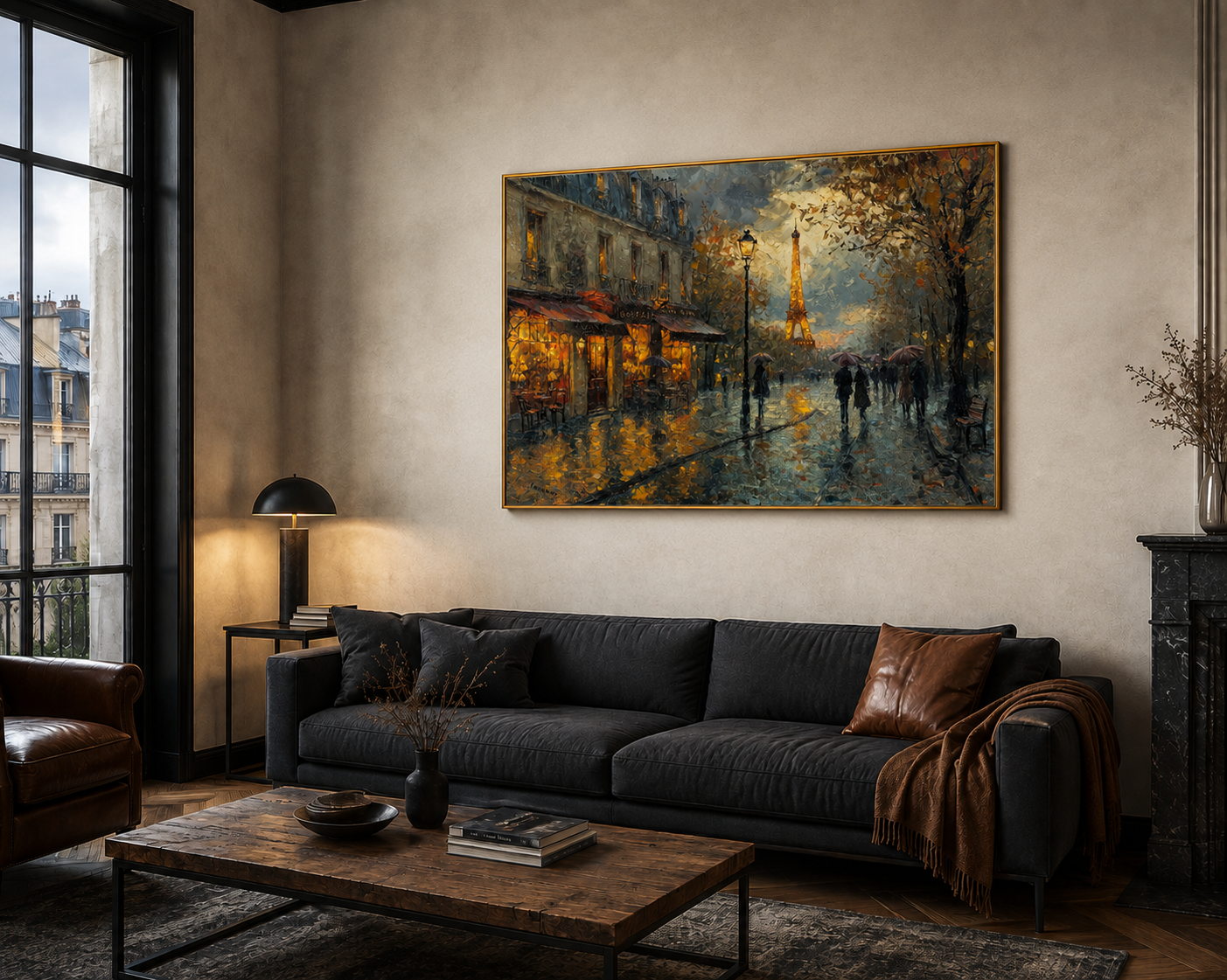 Rainy Paris Street With Eiffel Tower Romantic Framed Canvas Wall Art