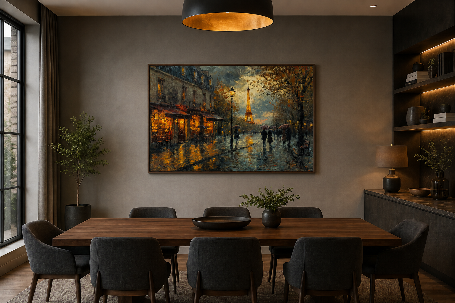 Rainy Paris Street With Eiffel Tower Romantic Framed Canvas Wall Art