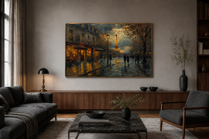 Rainy Paris Street With Eiffel Tower Romantic Framed Canvas Wall Art